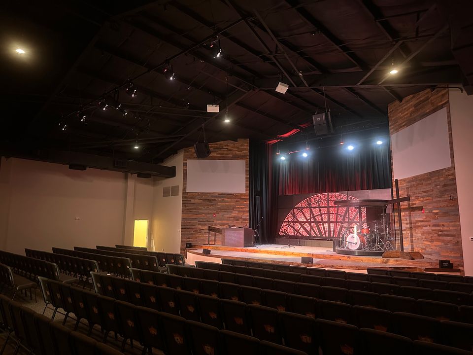 The finished lighting rig at Acacia, house and stage fixtures lit.