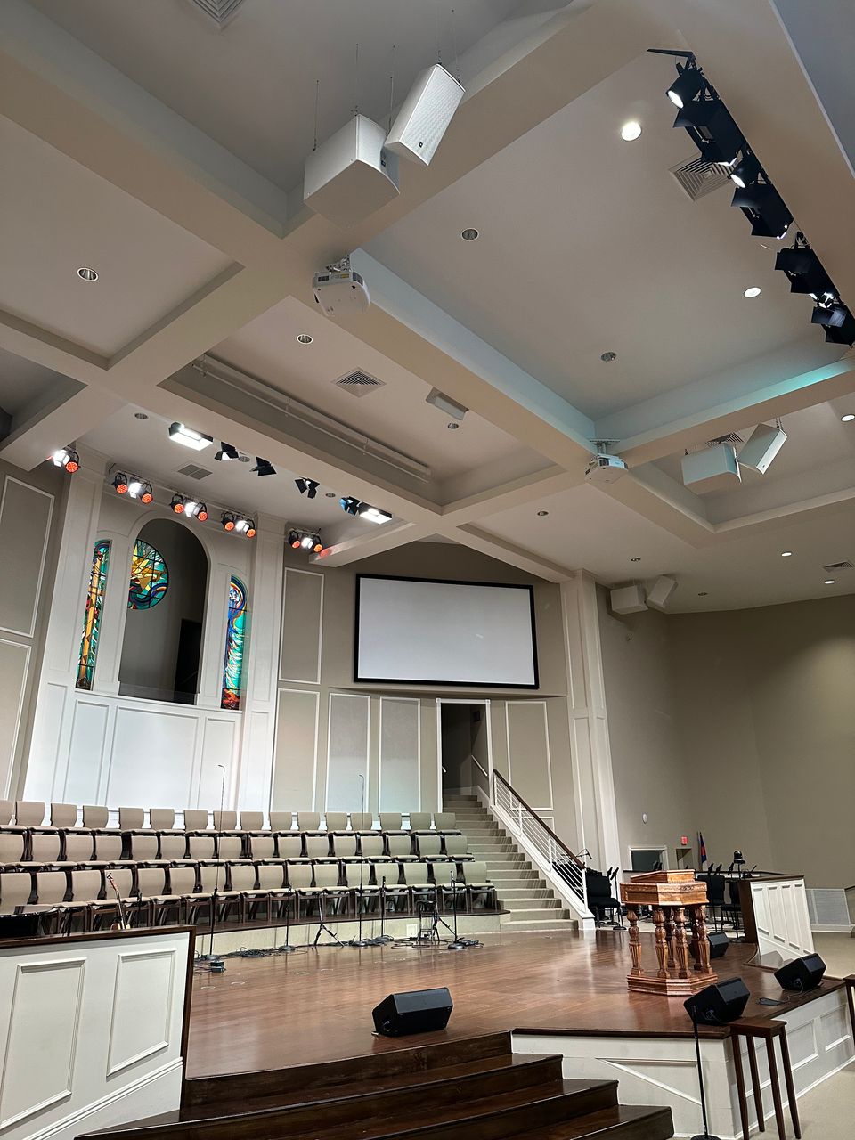 The Jefferson Baptist sanctuary stage under the Elation LED rig