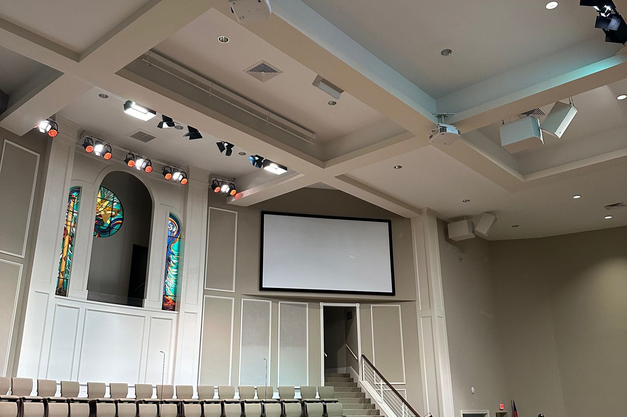 The Jefferson Baptist sanctuary stage under the Elation LED rig